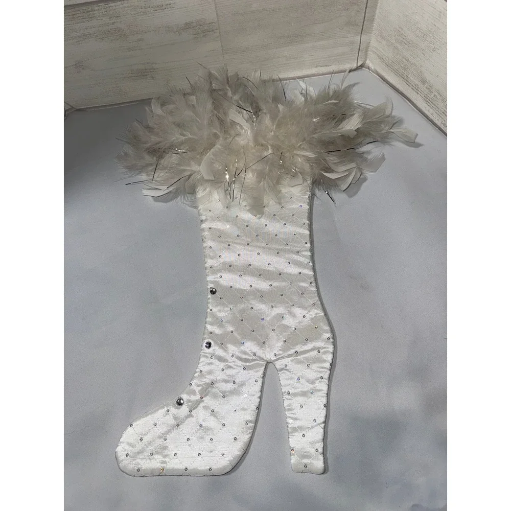 Lynn Allen Santa Baby High Heel Stiletto Christmas‎ Stocking White Satin Feather